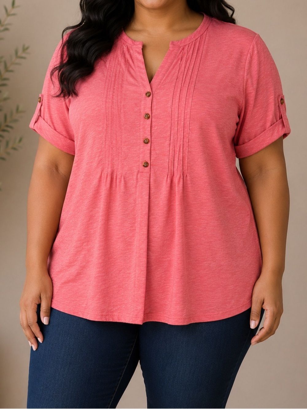 Women's Pink Split-Neck Button Front Top LARGE
